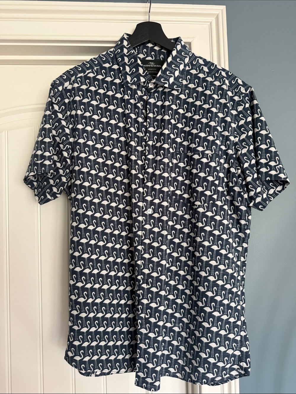 Rodd & Gunn Navy Short-Sleeve Button-Down with White Flamingo Print